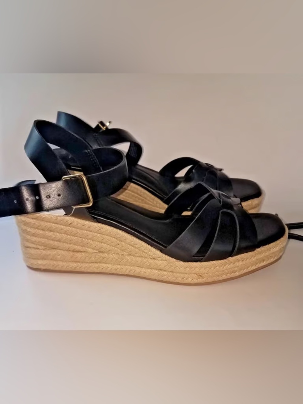 Time and Tru Black Espadrille Wedge Sandals with Ankle Strap